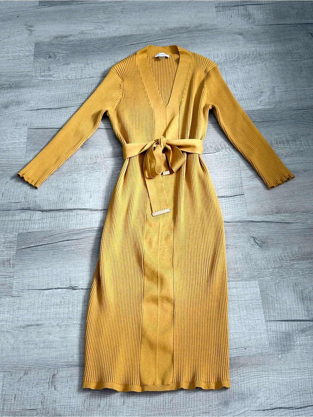 Calvin Klein Mustard Ribbed Wrap Midi Dress with Tie Belt
